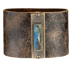 Handmade Genuine Brown Leather & Labradorite Cuff Bracelet